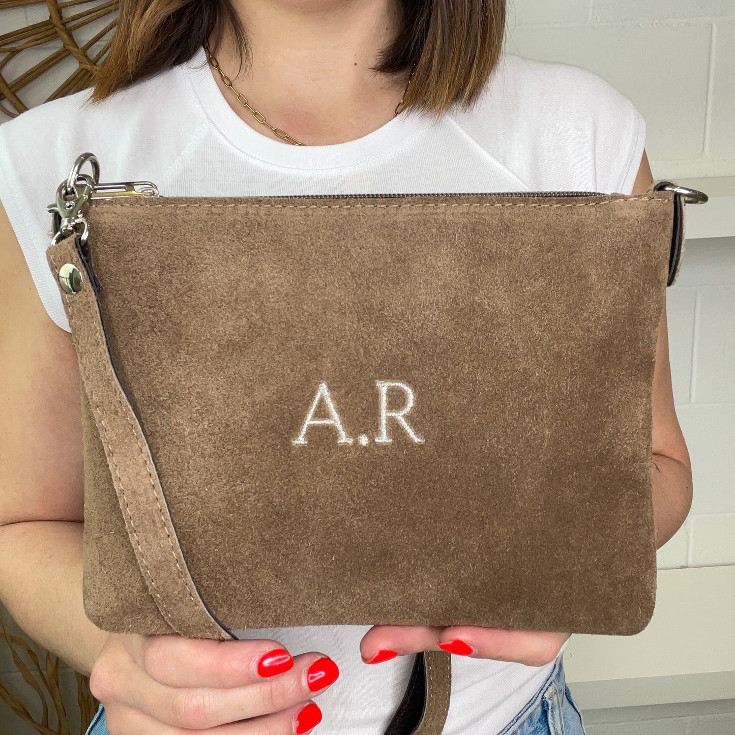 Bandolera piel de ante personalizada con correa combinable- Color taupe