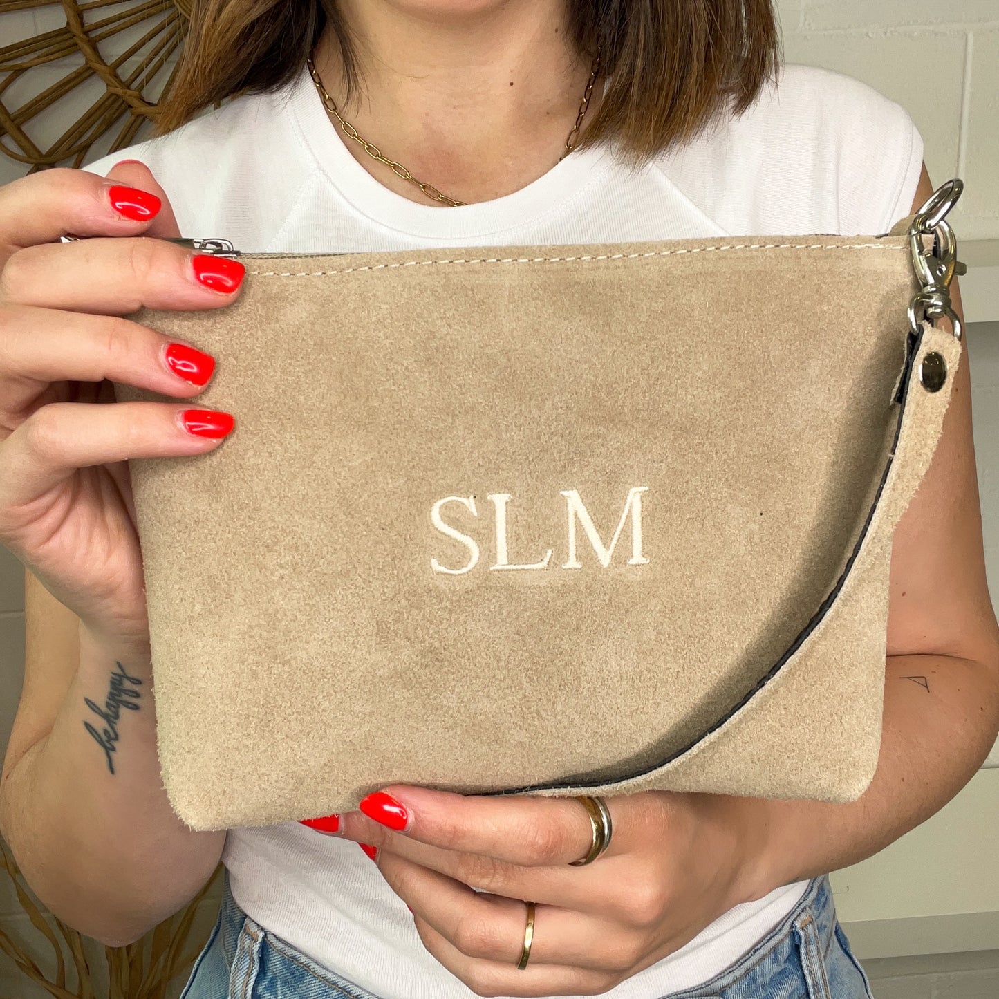 Bandolera piel de ante personalizada con correa combinable- Color beige