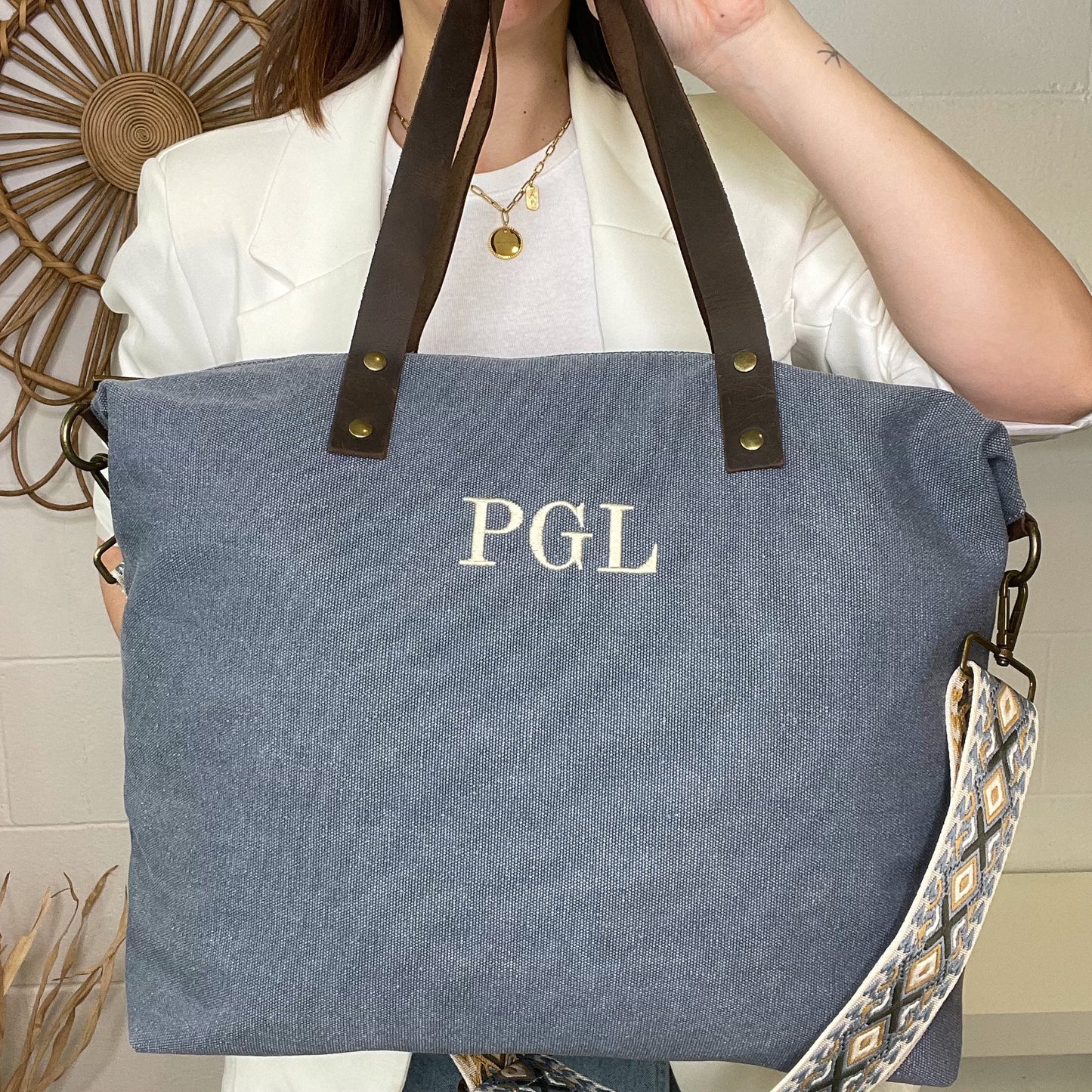 Bolso loneta con correa étnica - Color azul