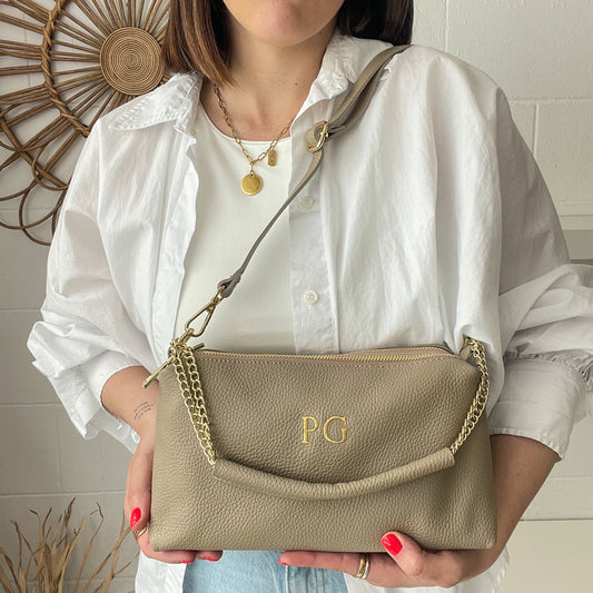 Bolso de piel personalizado doble cadena dorada - color taupe