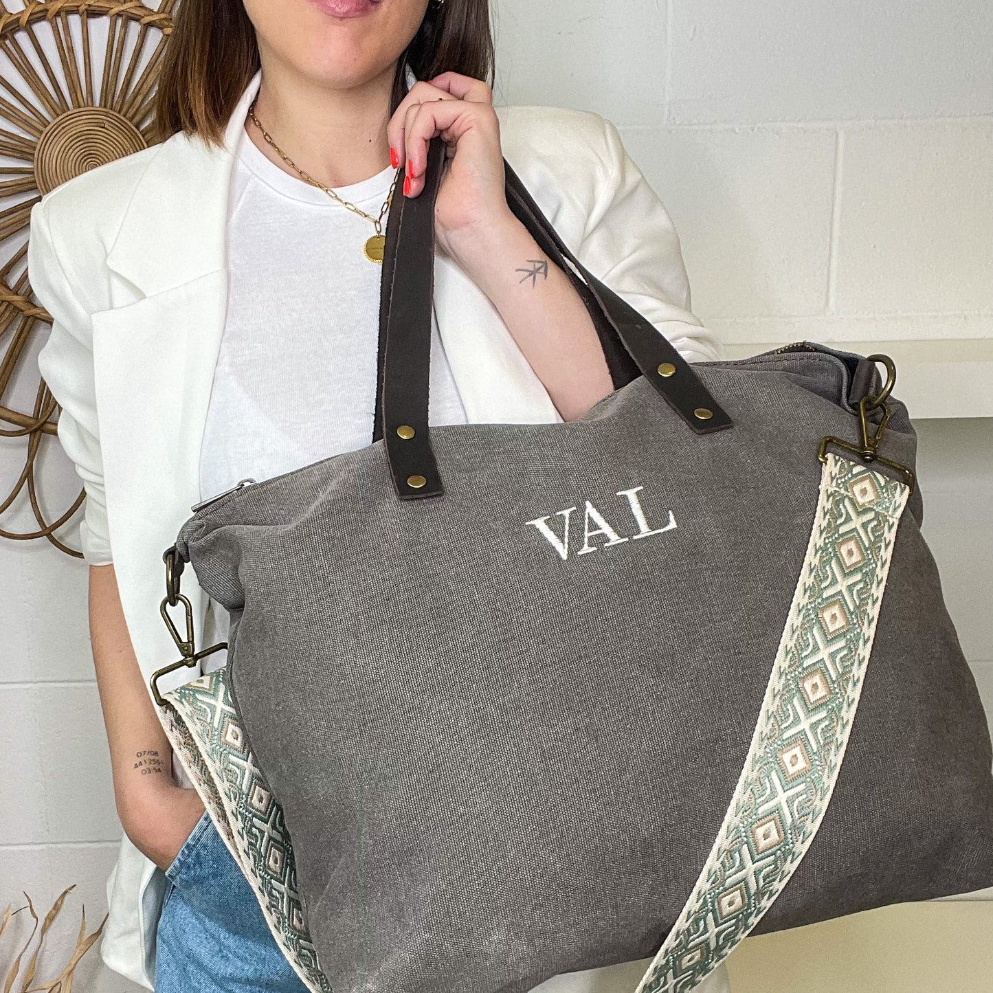 Bolso loneta con correa étnica - Color taupe