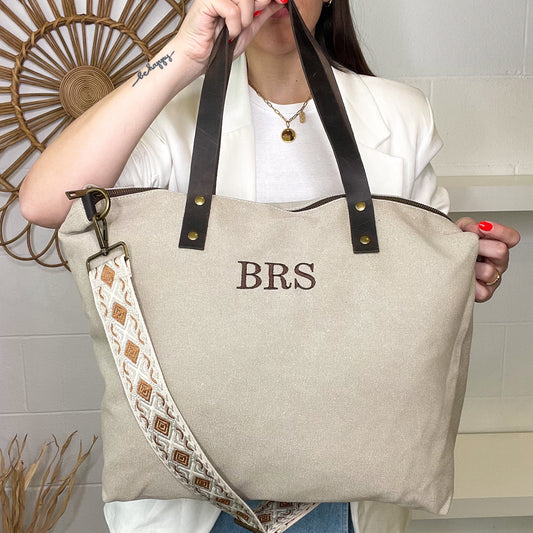 Bolso loneta con correa étnica - Color taupe claro