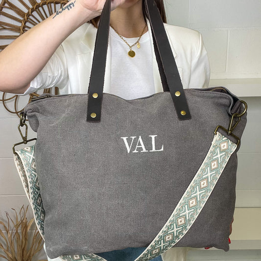 Bolso loneta con correa étnica - Color taupe