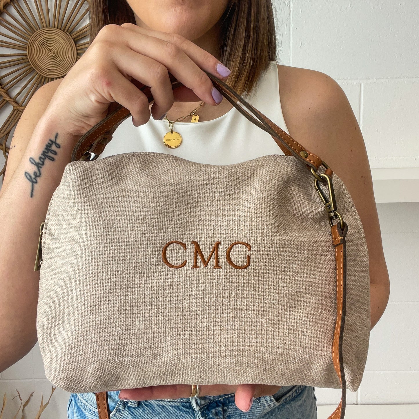 Saca loneta combinado con piel personalizada - Color taupe