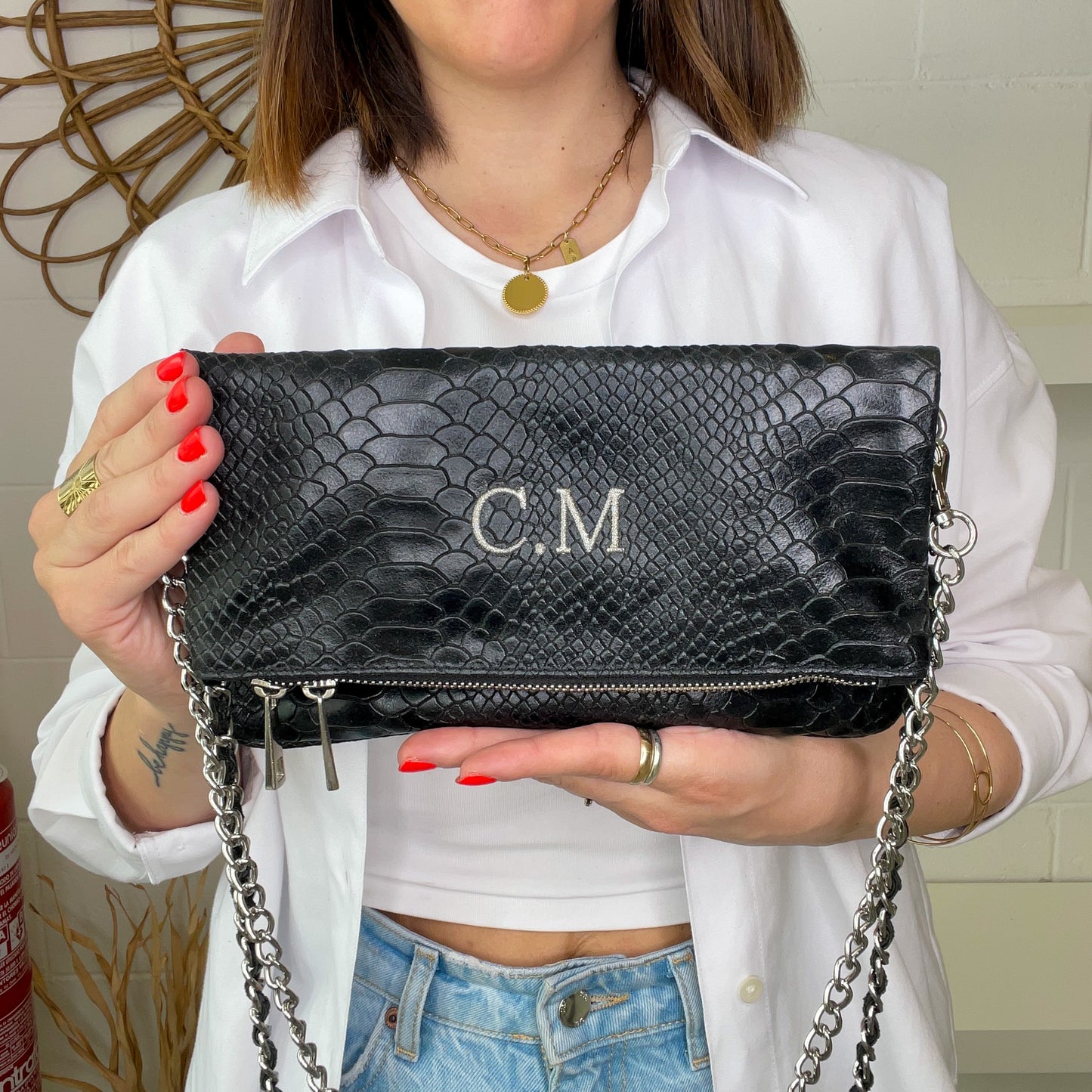 Bolso doble piel cadena print - Color negro