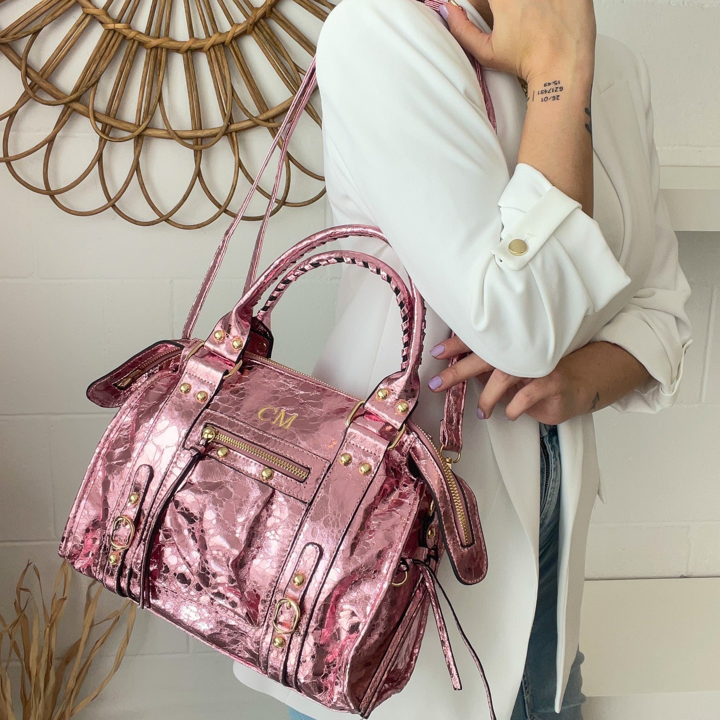 Bolso efecto piel brillante personalizado- Color rosa