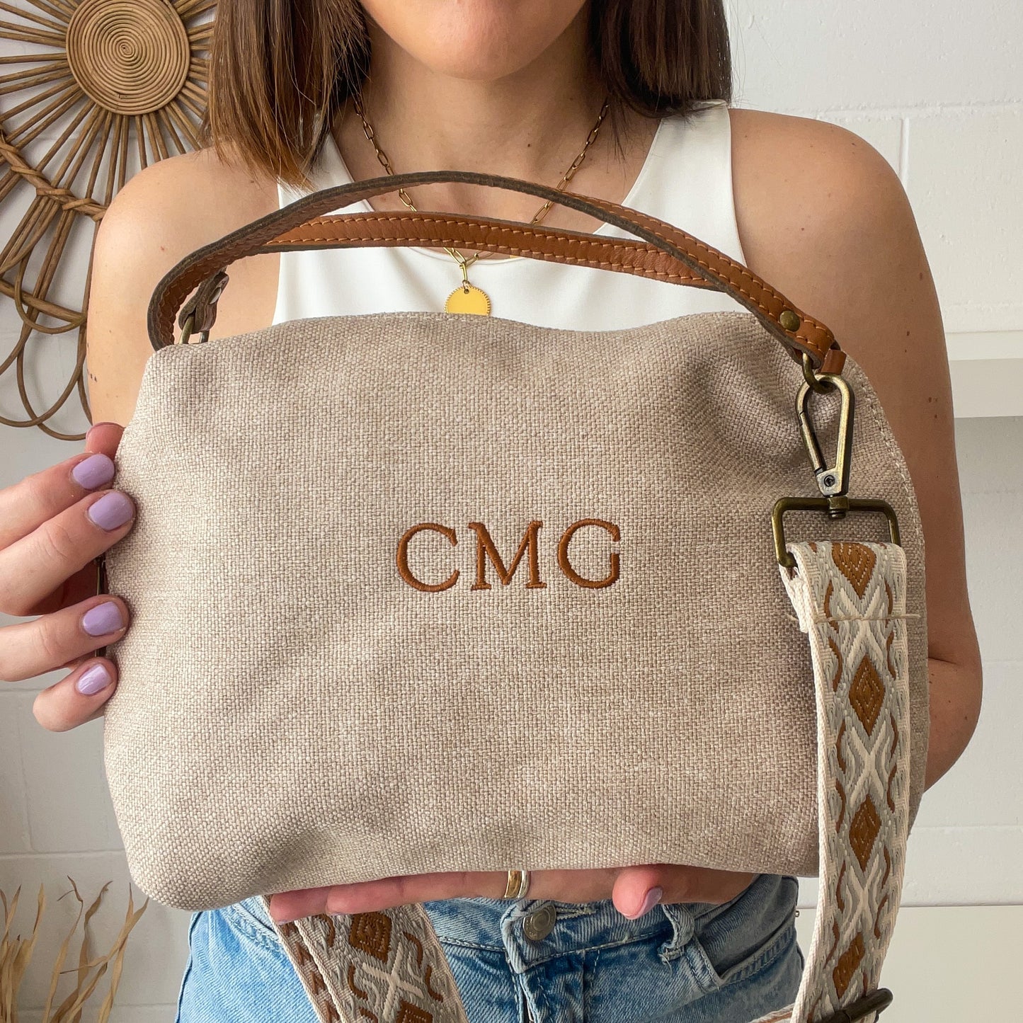 Saca loneta combinado con piel personalizada - Color taupe