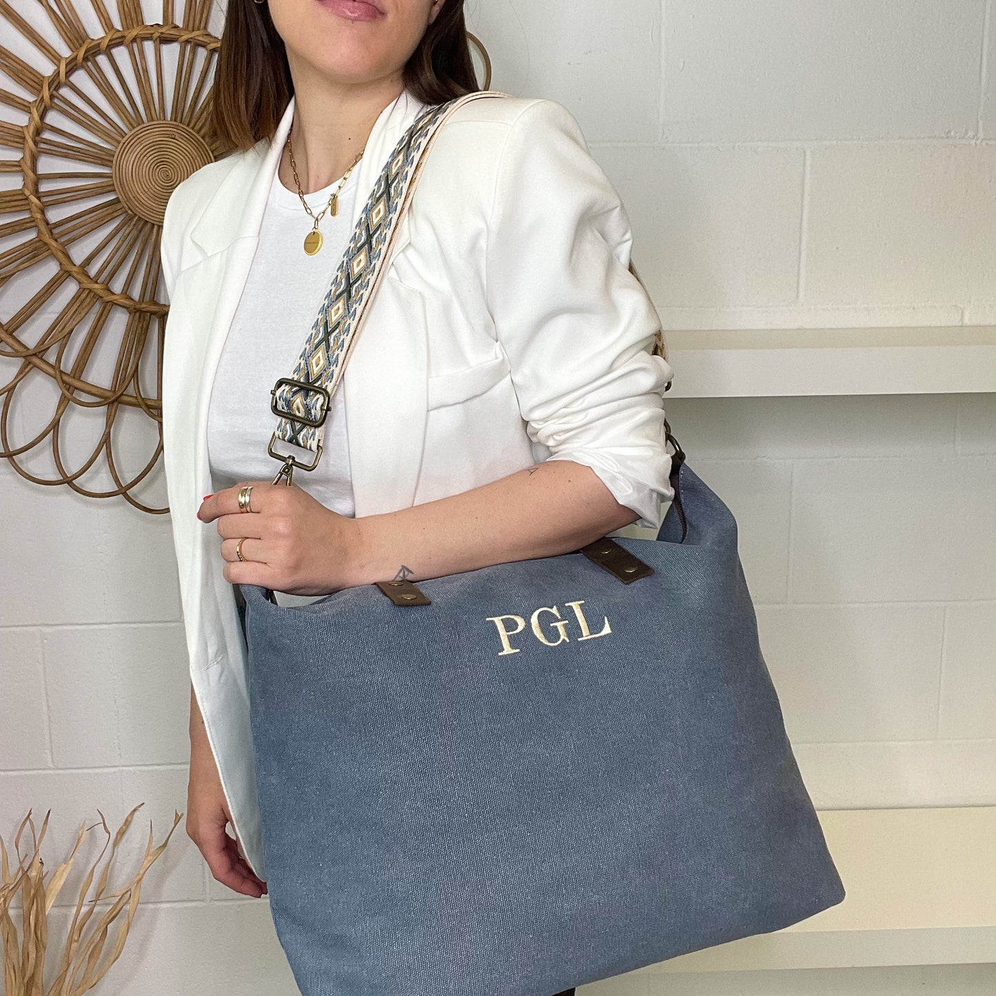 Bolso loneta con correa étnica - Color azul