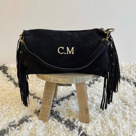Bolso ovalado flecos piel de ante personalizado - NEGRO