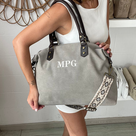 Bolso combinado piel y  loneta con correa étnica  - Color gris claro