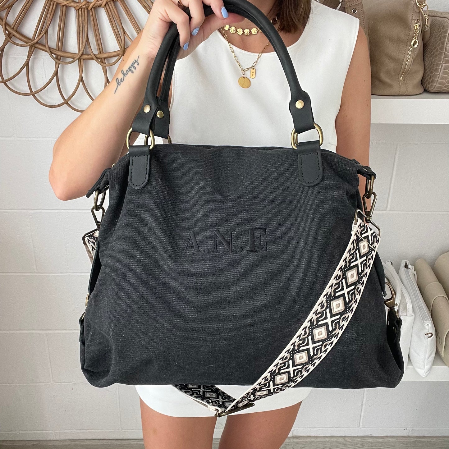 Bolso combinado piel y loneta personalizado - Color negro efecto lavado