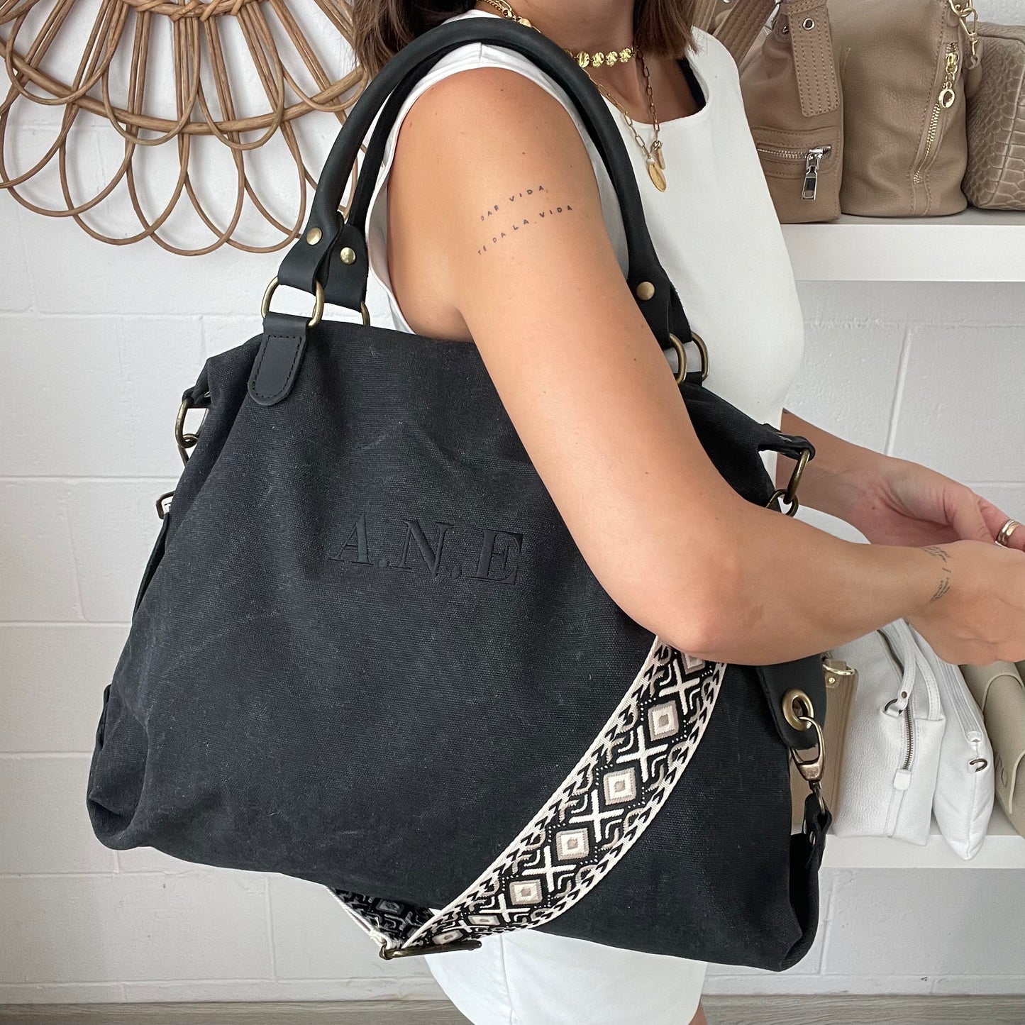 Bolso combinado piel y loneta personalizado - Color negro efecto lavado