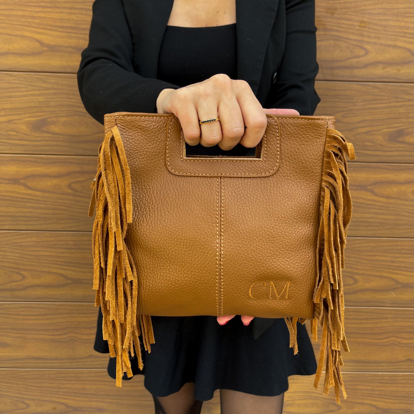 Bolso flecos piel personalizado - Color camel