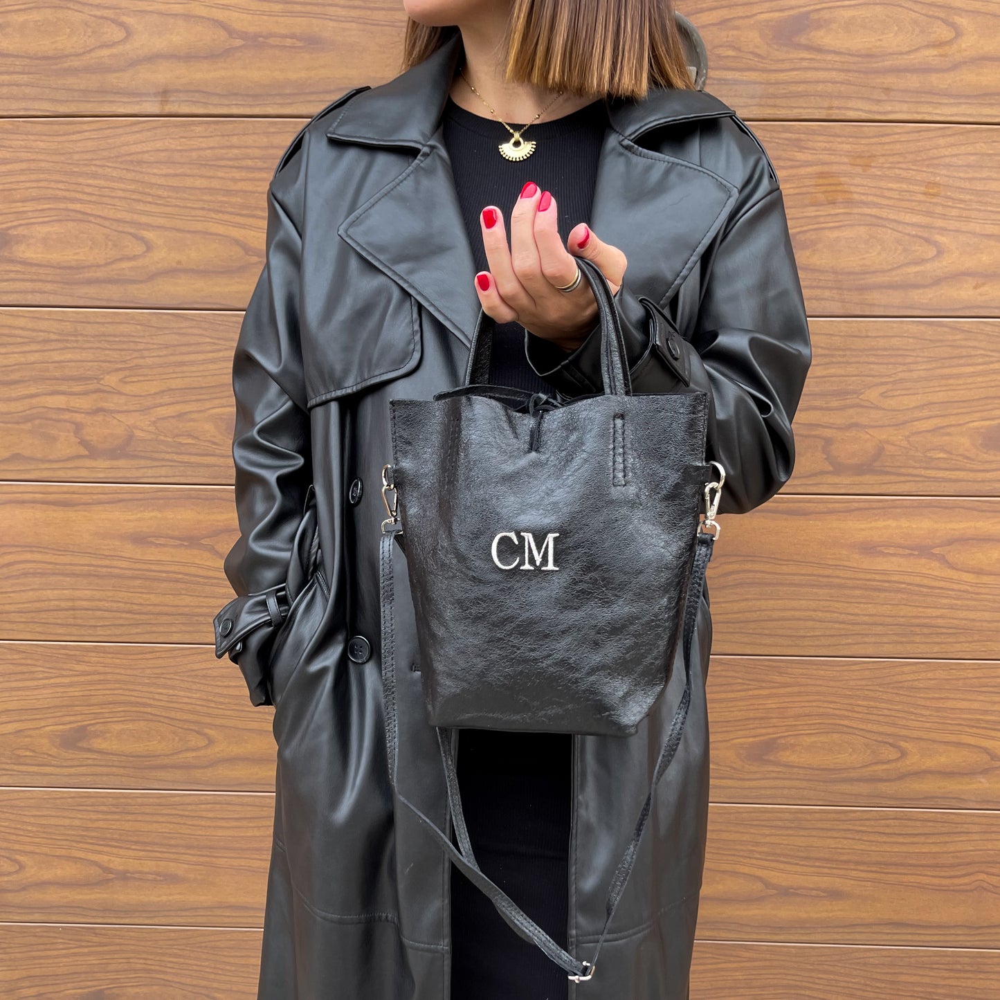 Bolso pequeño piel lazo personalizado - Color negro brillante