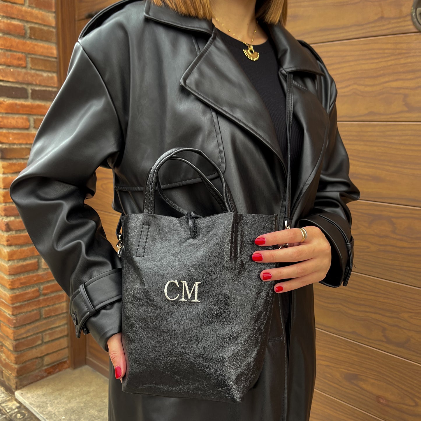 Bolso pequeño piel lazo personalizado - Color negro brillante