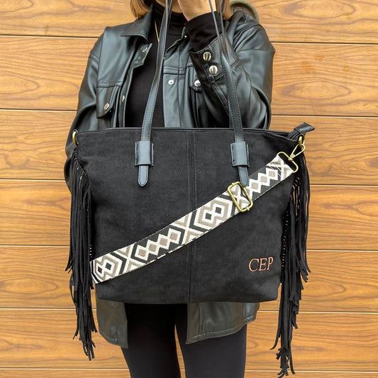 Bolso flecos efecto piel de ante - NEGRO