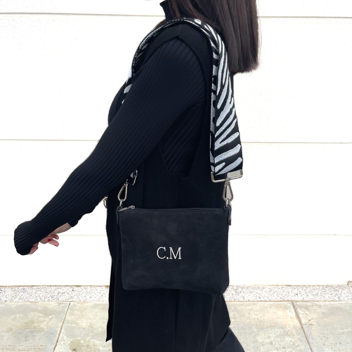 Bolso  piel de ante personalizado con correa combinable - Negro