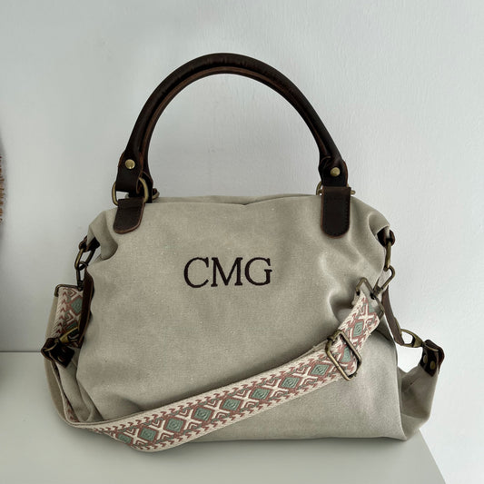 Bolso loneta efecto lavado con correa étnica - Color beige