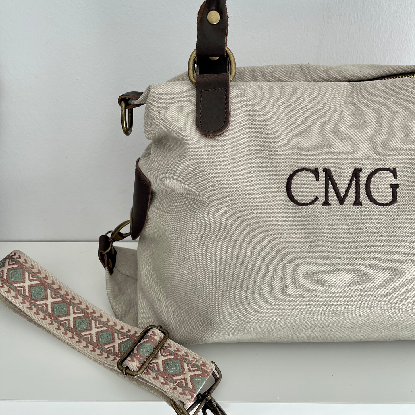 Bolso loneta efecto lavado con correa étnica - Color beige