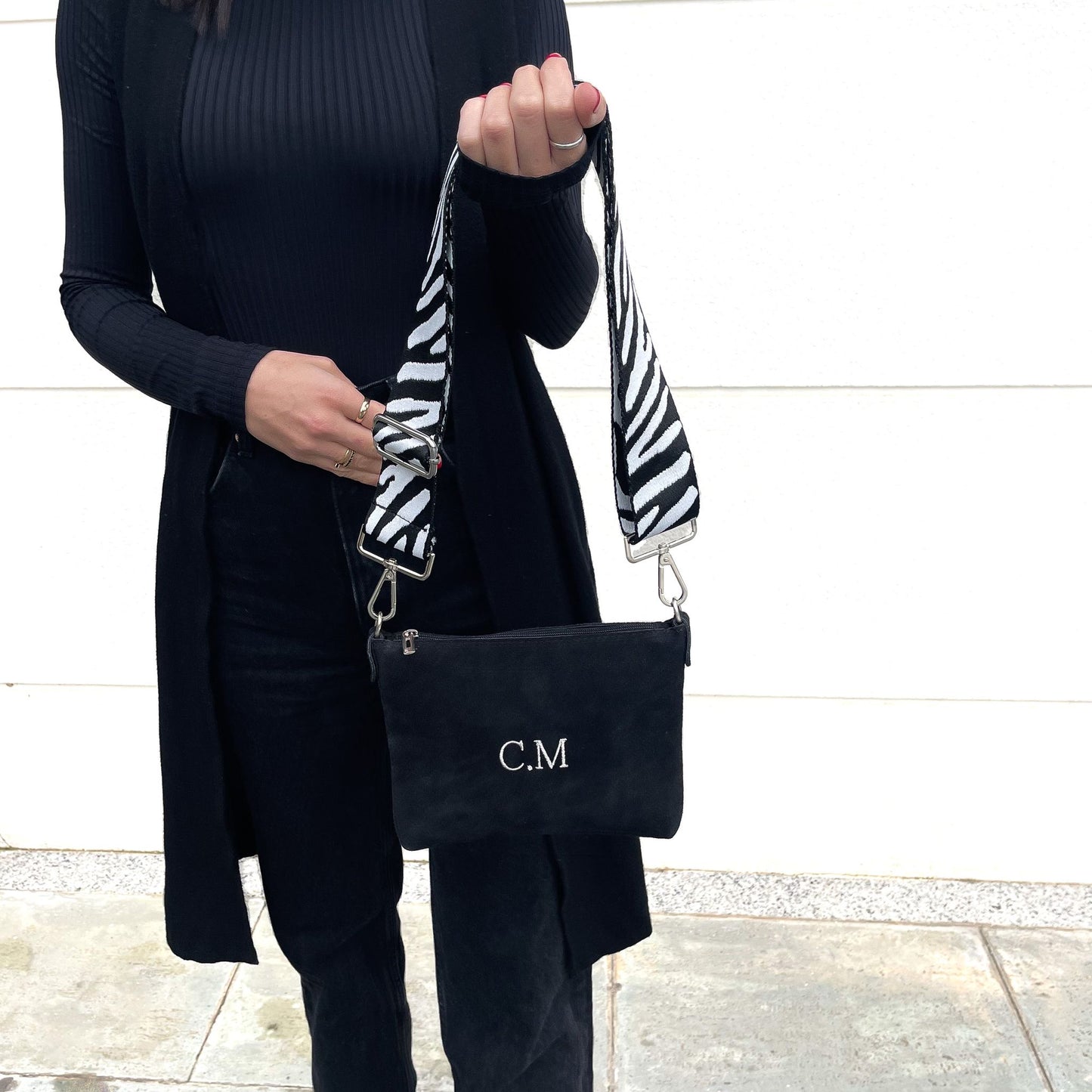 Bolso  piel de ante personalizado con correa combinable - Negro